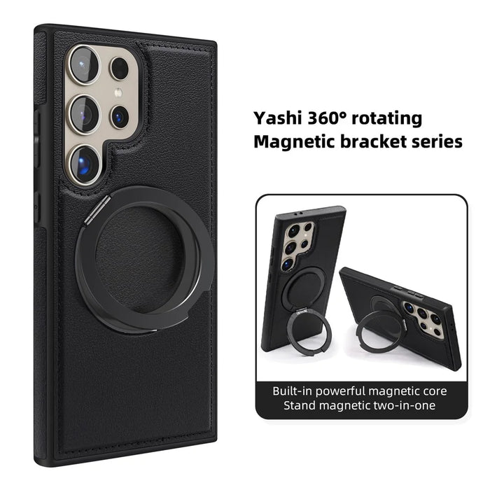 For Samsung Galaxy S24 Ultra Case with Ring Kickstand Magnetic Case PU Leather Back Cover - Black - 5