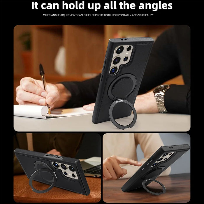 For Samsung Galaxy S24 Ultra Case with Ring Kickstand Magnetic Case PU Leather Back Cover - Black - 6