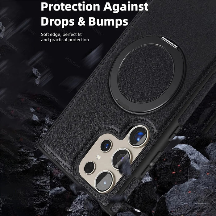 For Samsung Galaxy S24 Ultra Case with Ring Kickstand Magnetic Case PU Leather Back Cover - Black - 7