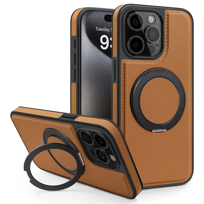 For iPhone 15 Pro Max Case with Ring Kickstand Compatible with MagSafe PU Leather Back Cover - Brown - 1