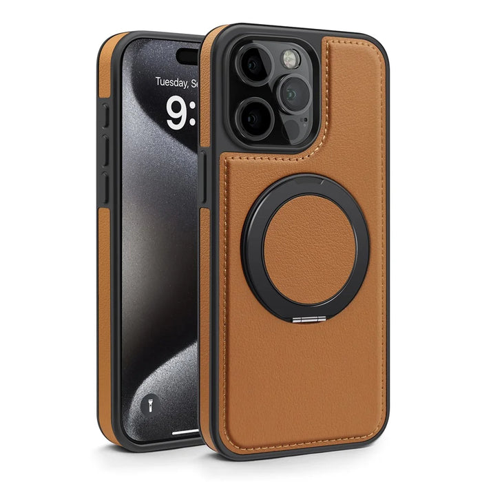 For iPhone 15 Pro Max Case with Ring Kickstand Compatible with MagSafe PU Leather Back Cover - Brown - 2