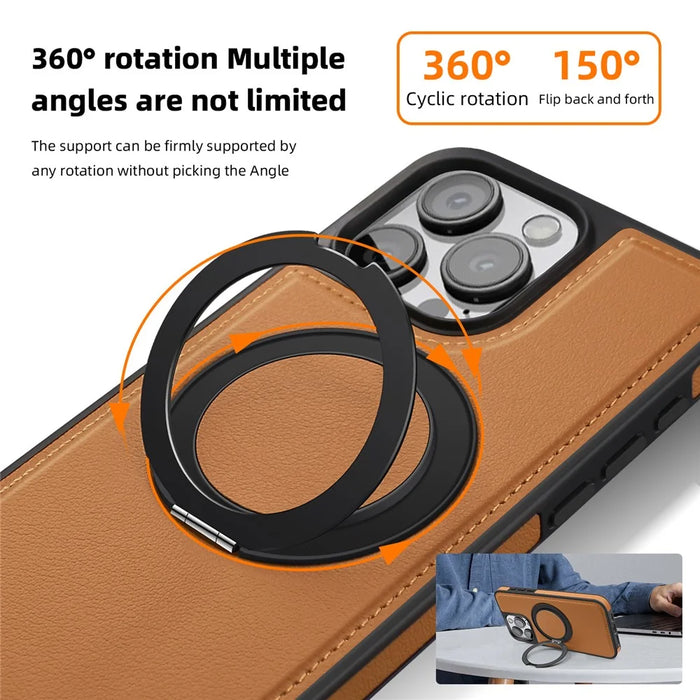 For iPhone 15 Pro Max Case with Ring Kickstand Compatible with MagSafe PU Leather Back Cover - Brown - 3