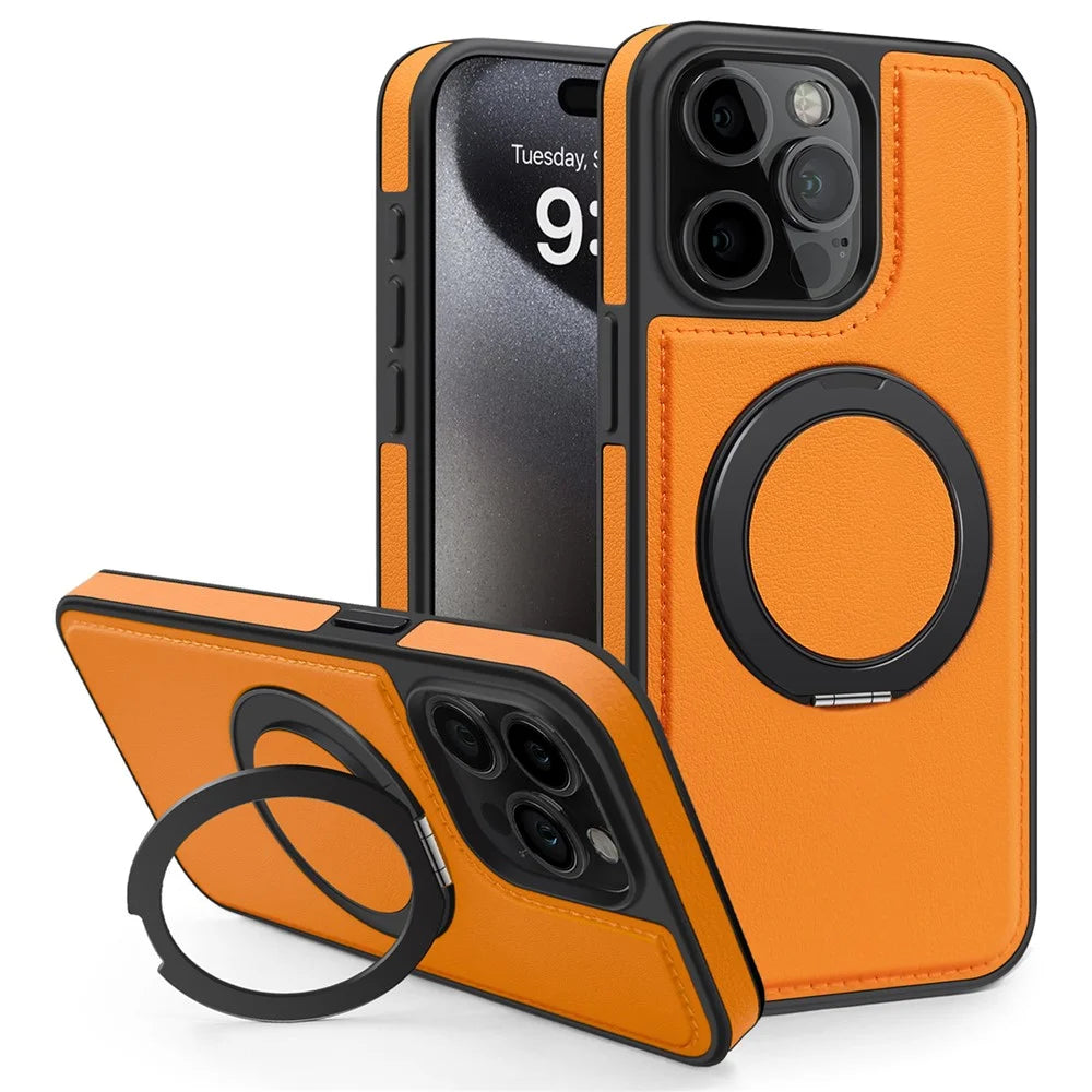 For iPhone 15 Pro Case with Ring Kickstand Compatible with MagSafe PU Leather Back Cover - Orange - 1