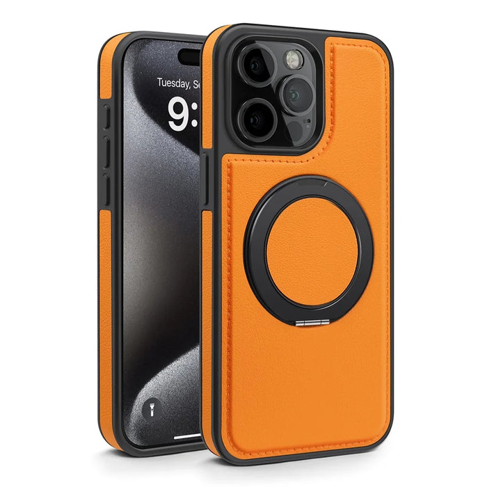 For iPhone 15 Pro Case with Ring Kickstand Compatible with MagSafe PU Leather Back Cover - Orange - 2