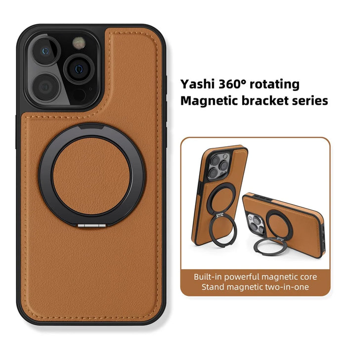 For iPhone 15 Pro Case with Ring Kickstand Compatible with MagSafe PU Leather Back Cover - Orange - 6
