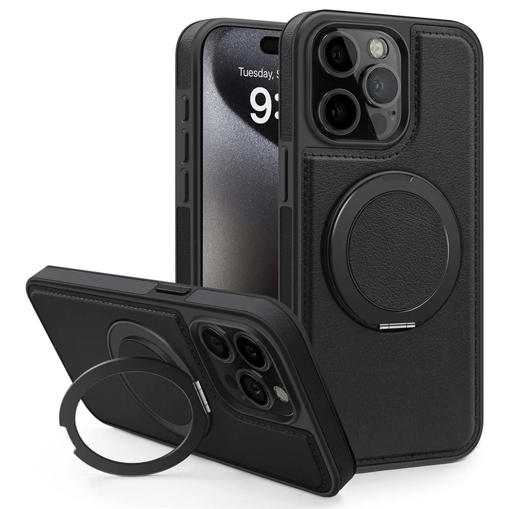 For iPhone 14 Pro Case with Ring Kickstand Compatible with MagSafe PU Leather Back Cover - Black - 1