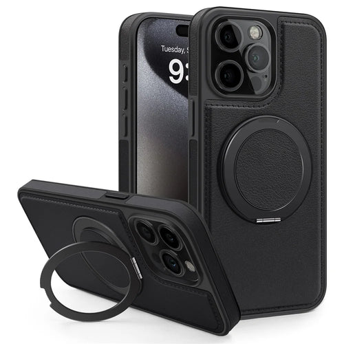 For iPhone 14 Pro Case with Ring Kickstand Compatible with MagSafe PU Leather Back Cover - Black - 1