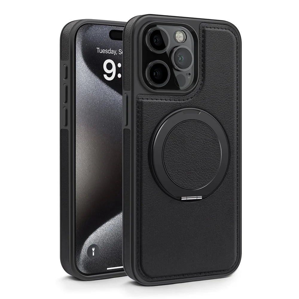 For iPhone 14 Pro Case with Ring Kickstand Compatible with MagSafe PU Leather Back Cover - Black - 2