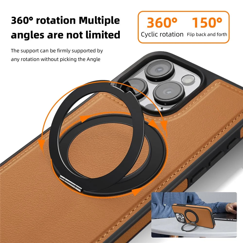 For iPhone 14 Pro Case with Ring Kickstand Compatible with MagSafe PU Leather Back Cover - Black - 3