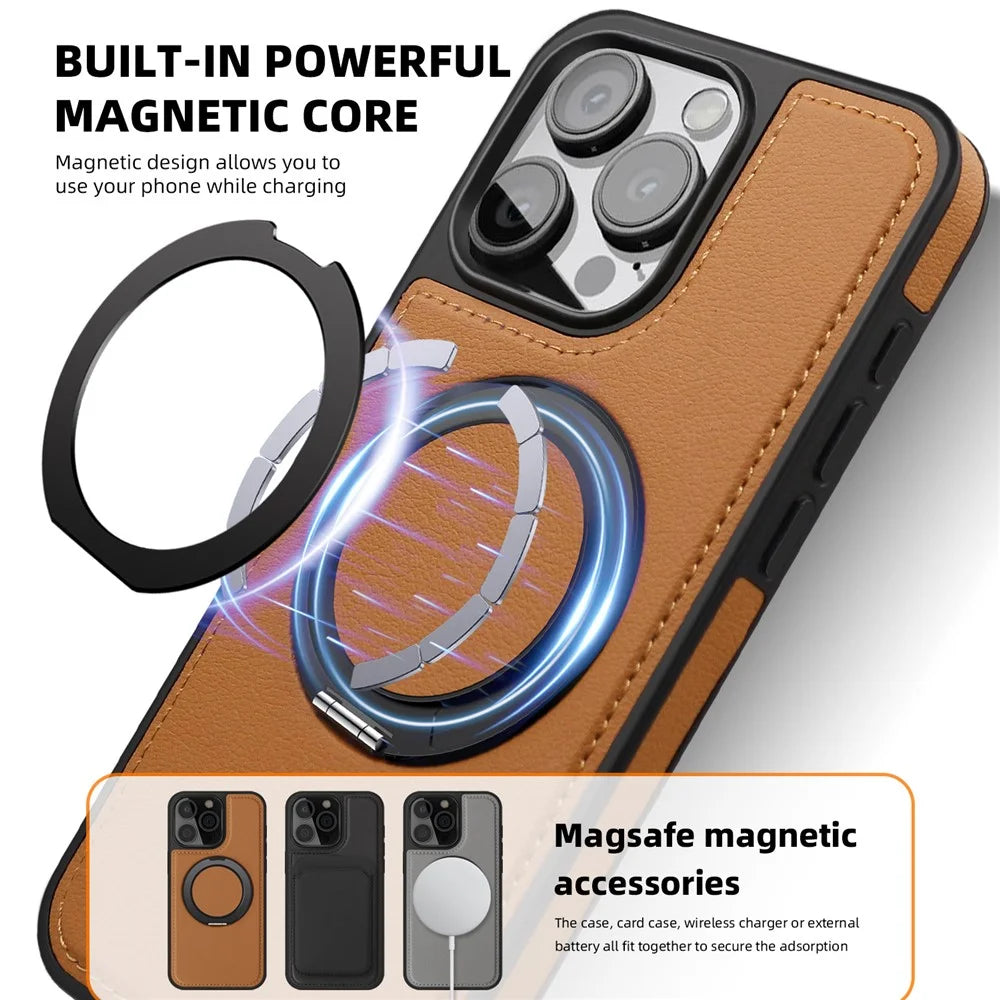 For iPhone 14 Pro Case with Ring Kickstand Compatible with MagSafe PU Leather Back Cover - Black - 4