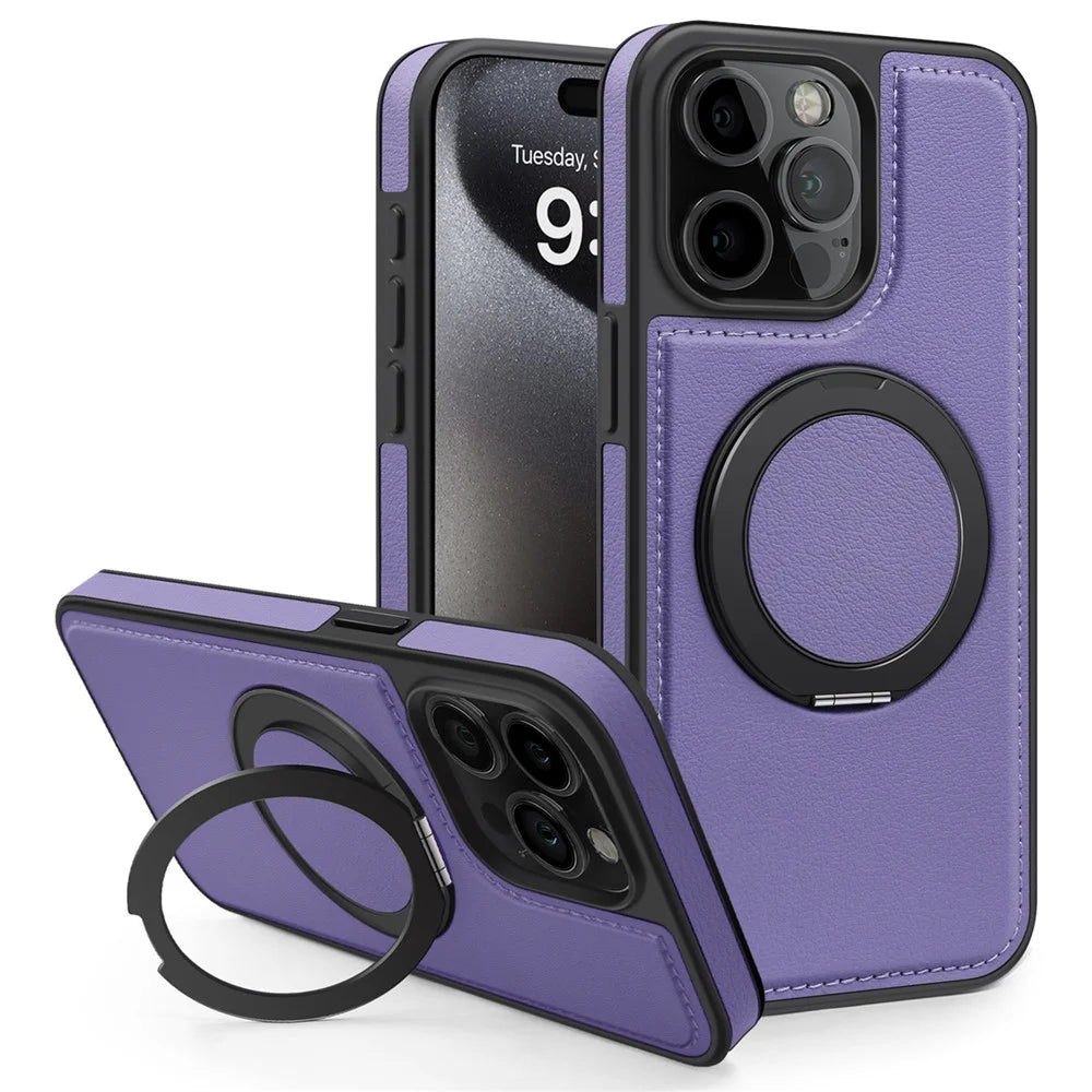 For iPhone 14 Pro Max Case with Ring Kickstand Compatible with MagSafe PU Leather Back Cover - Purple - 1