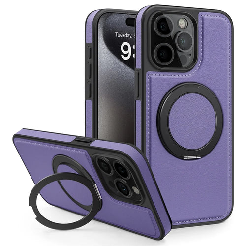 For iPhone 14 Pro Max Case with Ring Kickstand Compatible with MagSafe PU Leather Back Cover - Purple - 1