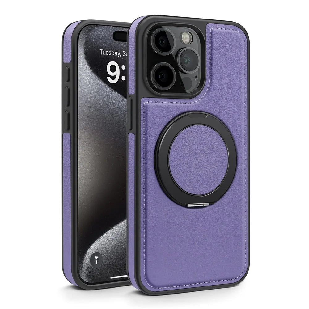 For iPhone 14 Pro Max Case with Ring Kickstand Compatible with MagSafe PU Leather Back Cover - Purple - 2