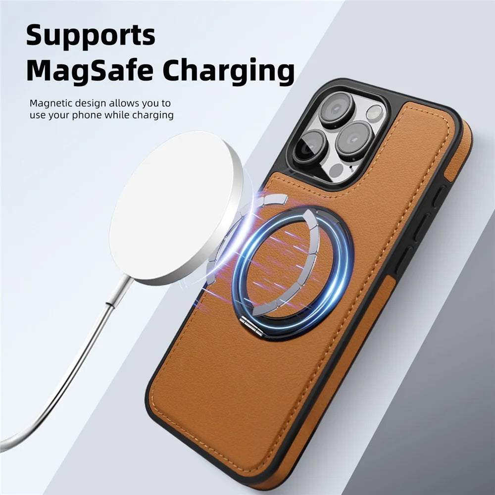 For iPhone 14 Pro Max Case with Ring Kickstand Compatible with MagSafe PU Leather Back Cover - Purple - 5