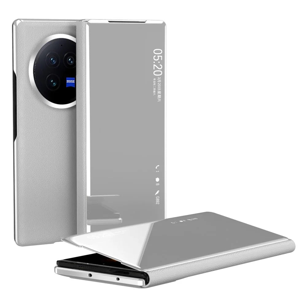 For vivo X Fold3 Leather Case Mirror Surface Electroplating Phone Cover with View Window - Silver - 1