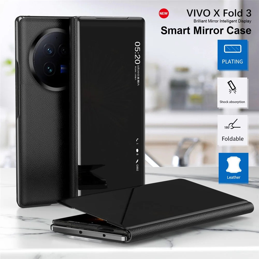 For vivo X Fold3 Leather Case Mirror Surface Electroplating Phone Cover with View Window - Silver - 2