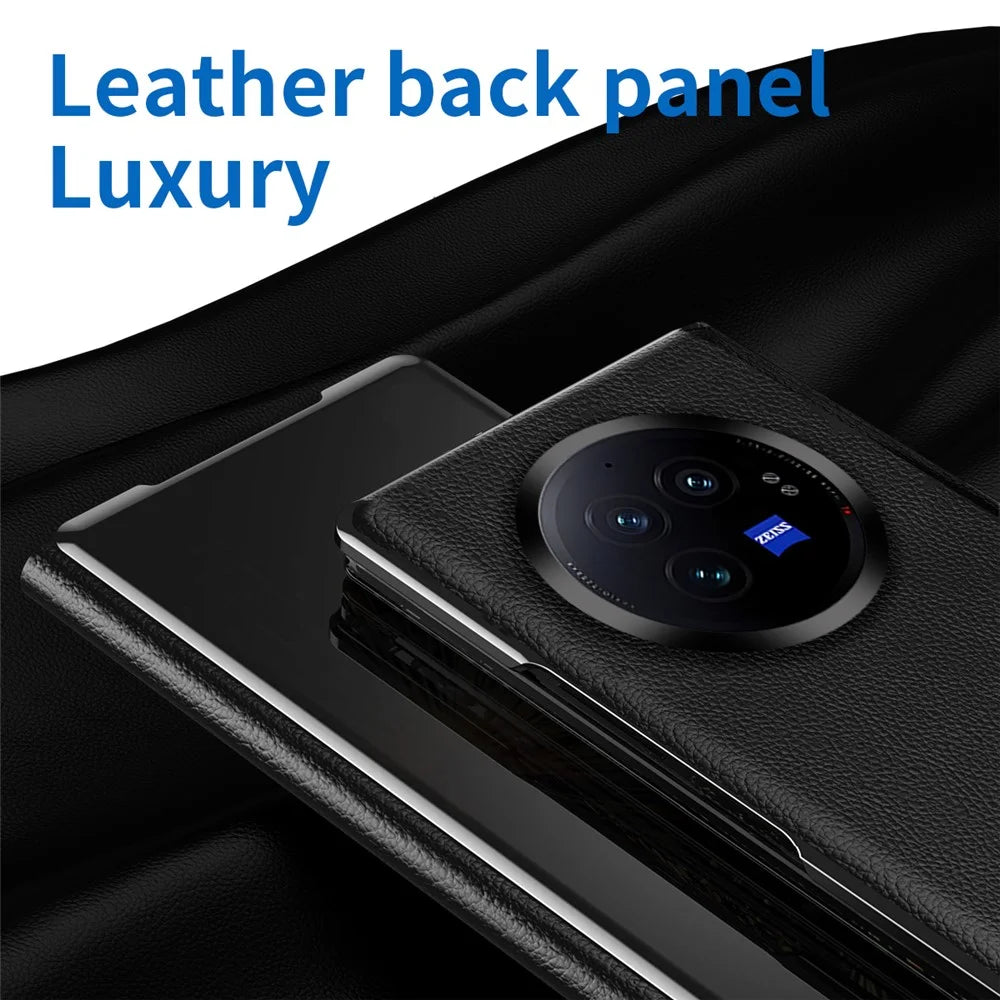 For vivo X Fold3 Leather Case Mirror Surface Electroplating Phone Cover with View Window - Silver - 4