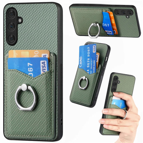 For Samsung Galaxy A34 5G Case with Card Holder Ring Kickstand PU Leather Coated PC+TPU Back Cover - Green - 1