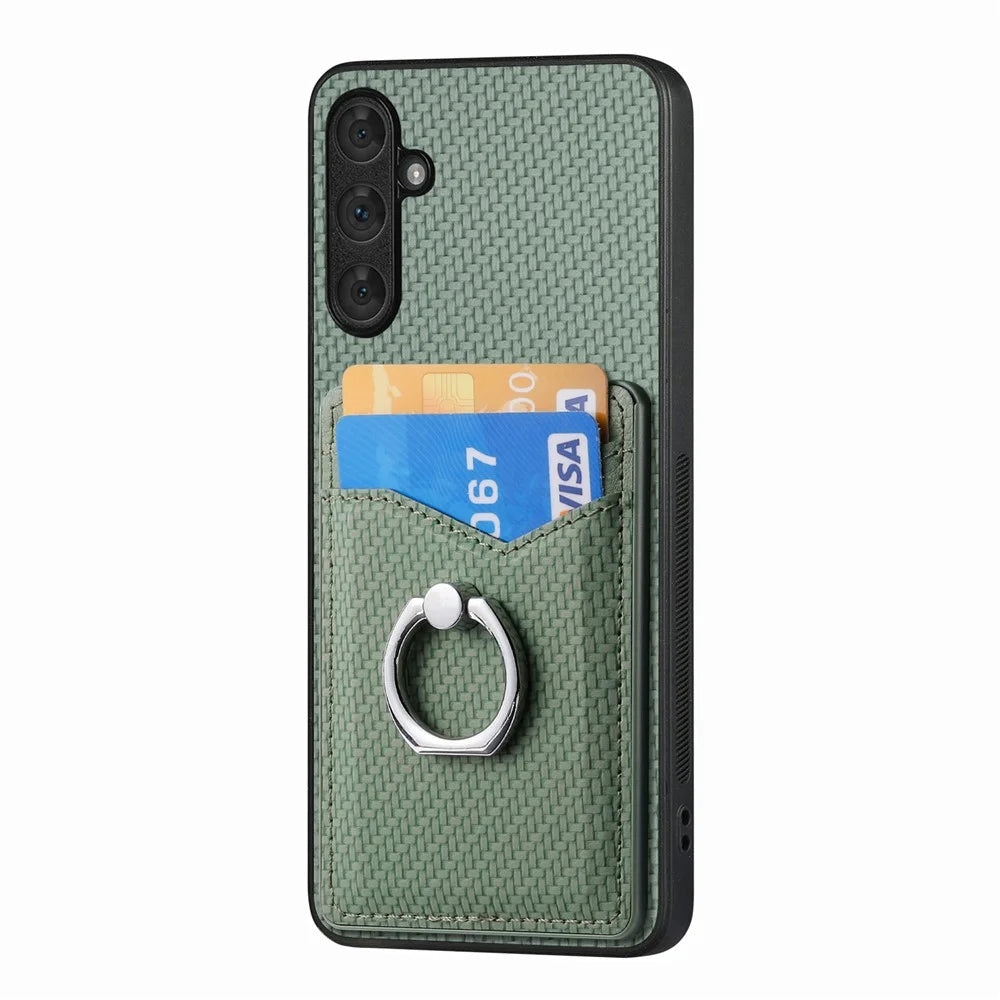 For Samsung Galaxy A34 5G Case with Card Holder Ring Kickstand PU Leather Coated PC+TPU Back Cover - Green - 2