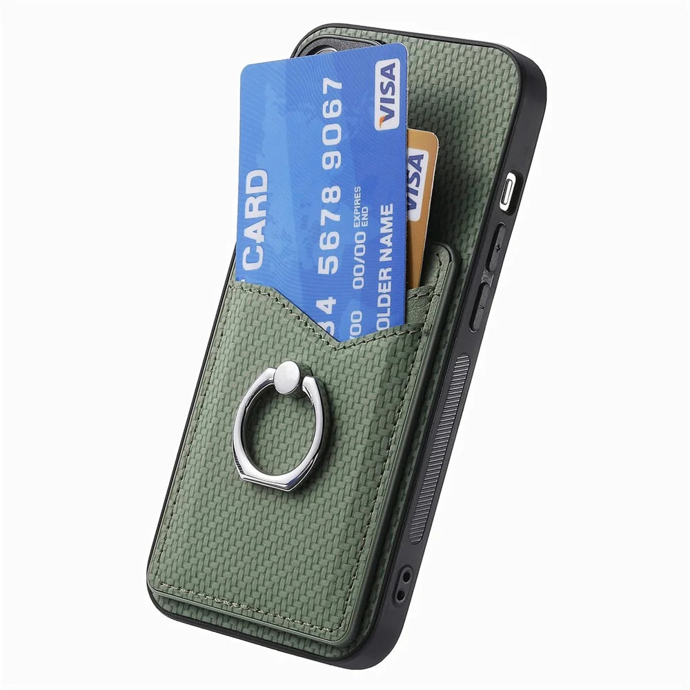 For Samsung Galaxy A34 5G Case with Card Holder Ring Kickstand PU Leather Coated PC+TPU Back Cover - Green - 3