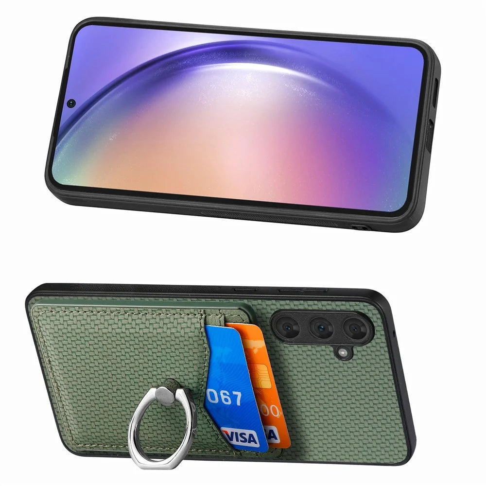 For Samsung Galaxy A34 5G Case with Card Holder Ring Kickstand PU Leather Coated PC+TPU Back Cover - Green - 4