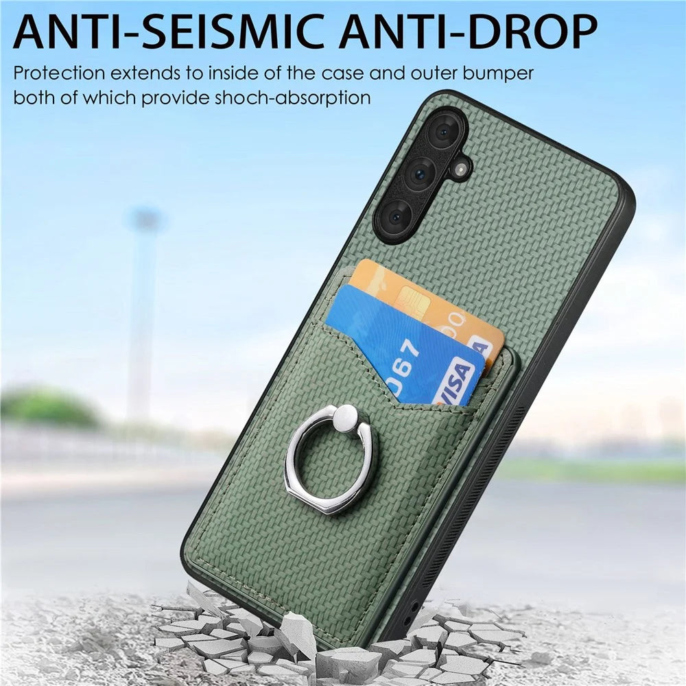 For Samsung Galaxy A34 5G Case with Card Holder Ring Kickstand PU Leather Coated PC+TPU Back Cover - Green - 5