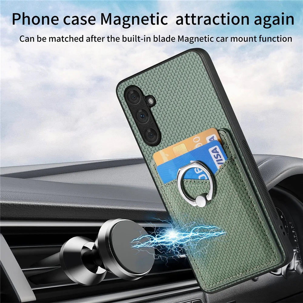 For Samsung Galaxy A34 5G Case with Card Holder Ring Kickstand PU Leather Coated PC+TPU Back Cover - Green - 6