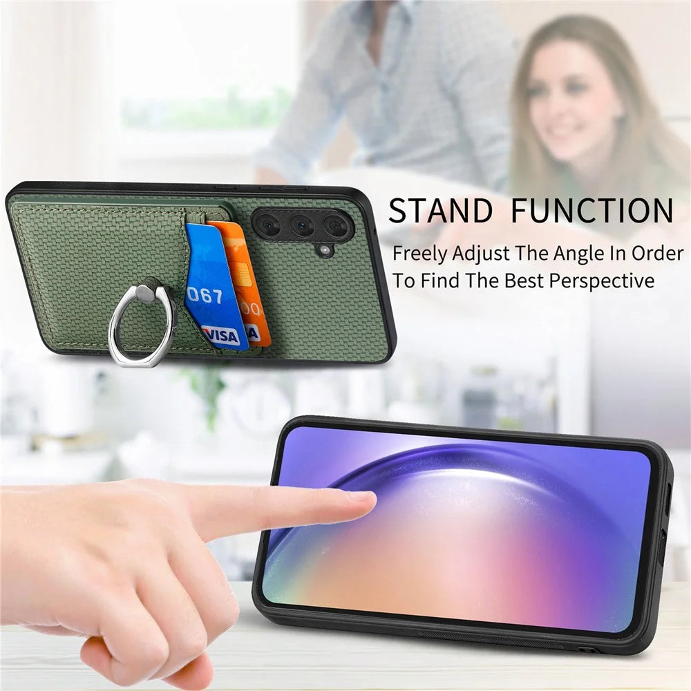 For Samsung Galaxy A34 5G Case with Card Holder Ring Kickstand PU Leather Coated PC+TPU Back Cover - Green - 7