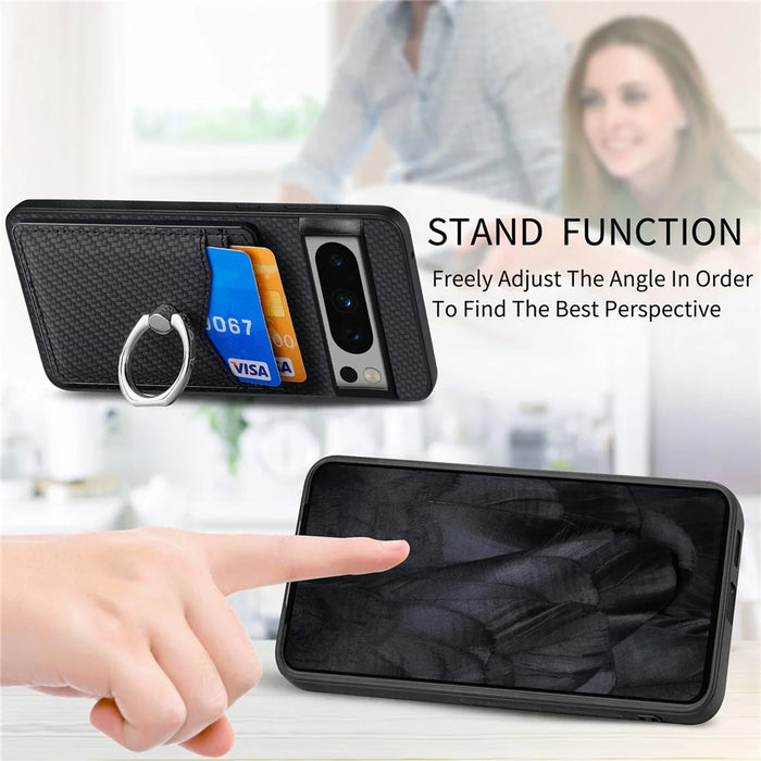 For Google Pixel 8 Pro Kickstand Case Leather Coated PC+TPU Phone Cover   - Black - 7