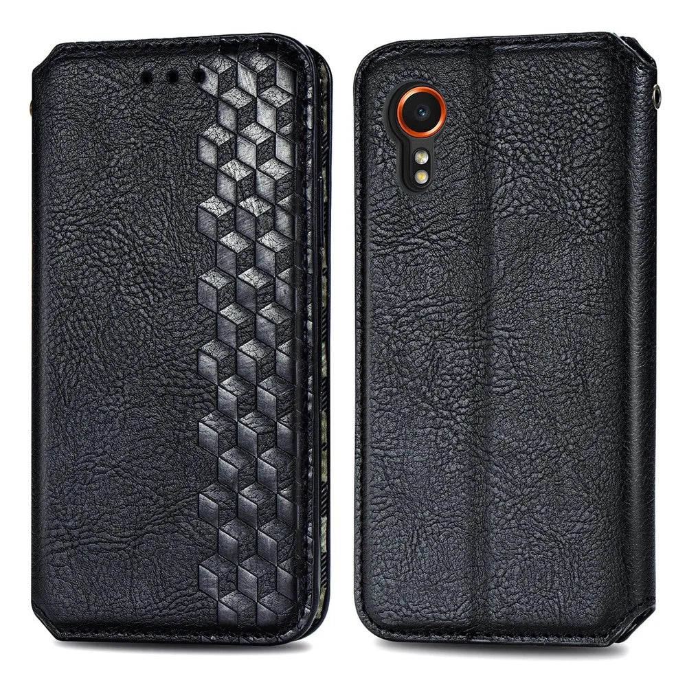 For Samsung Galaxy Xcover7 PU Leather Case Rhombus Imprint Wallet Stand Phone Cover - Black - 1