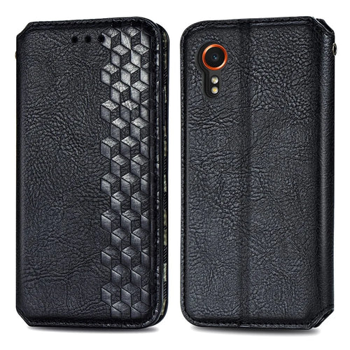 For Samsung Galaxy Xcover7 PU Leather Case Rhombus Imprint Wallet Stand Phone Cover - Black - 1
