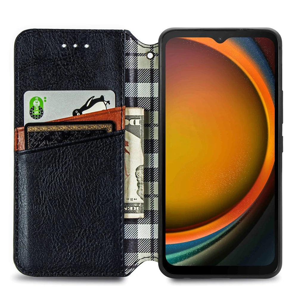 For Samsung Galaxy Xcover7 PU Leather Case Rhombus Imprint Wallet Stand Phone Cover - Black - 2