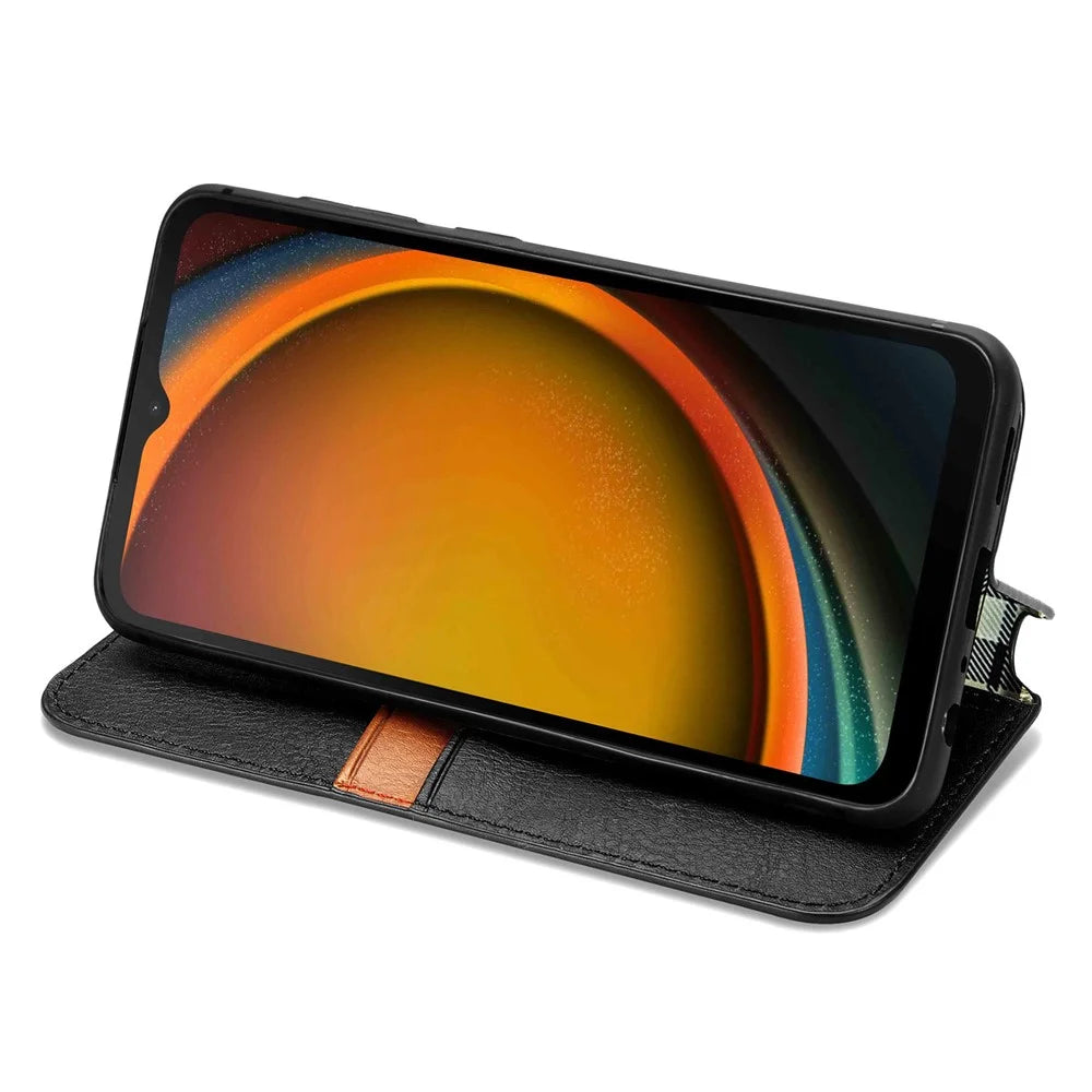 For Samsung Galaxy Xcover7 PU Leather Case Rhombus Imprint Wallet Stand Phone Cover - Black - 3