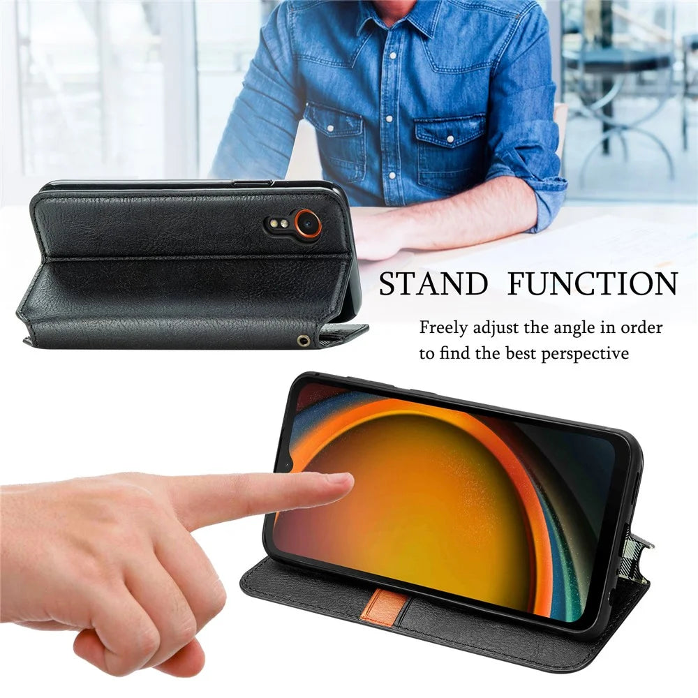 For Samsung Galaxy Xcover7 PU Leather Case Rhombus Imprint Wallet Stand Phone Cover - Black - 4