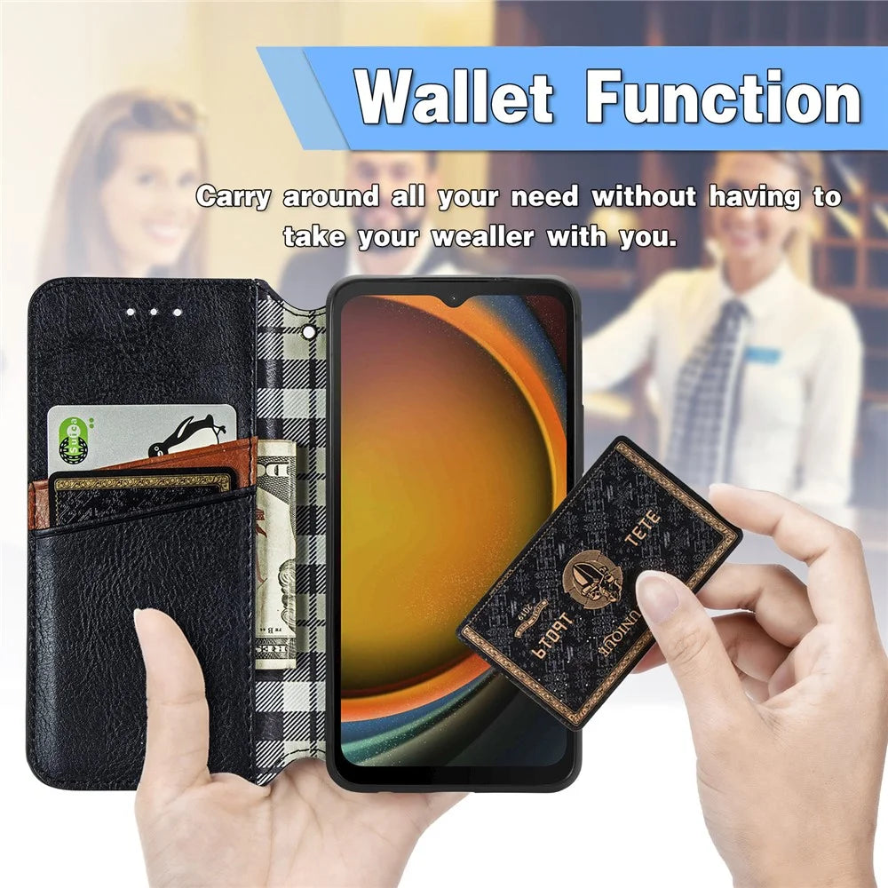 For Samsung Galaxy Xcover7 PU Leather Case Rhombus Imprint Wallet Stand Phone Cover - Black - 5