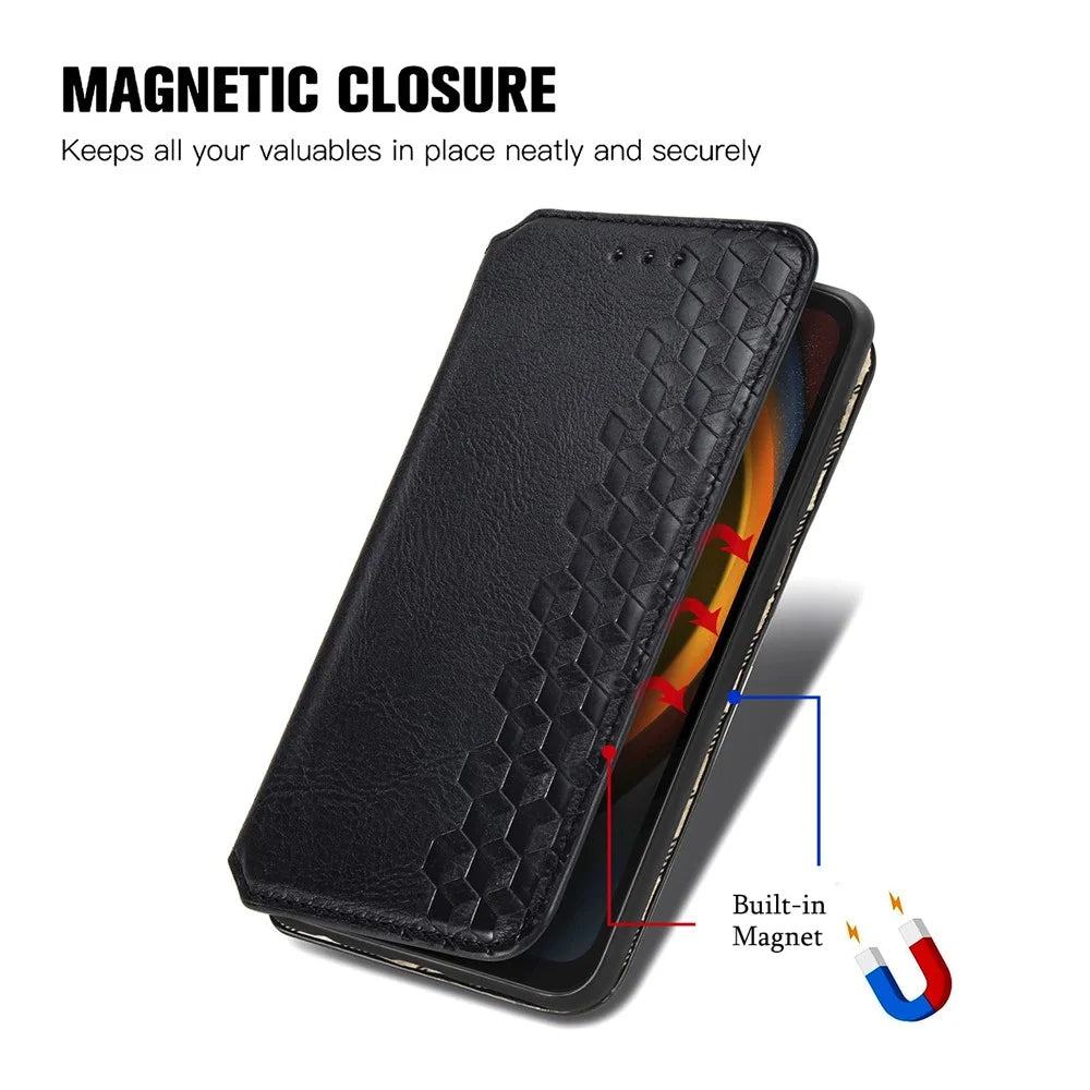 For Samsung Galaxy Xcover7 PU Leather Case Rhombus Imprint Wallet Stand Phone Cover - Black - 6