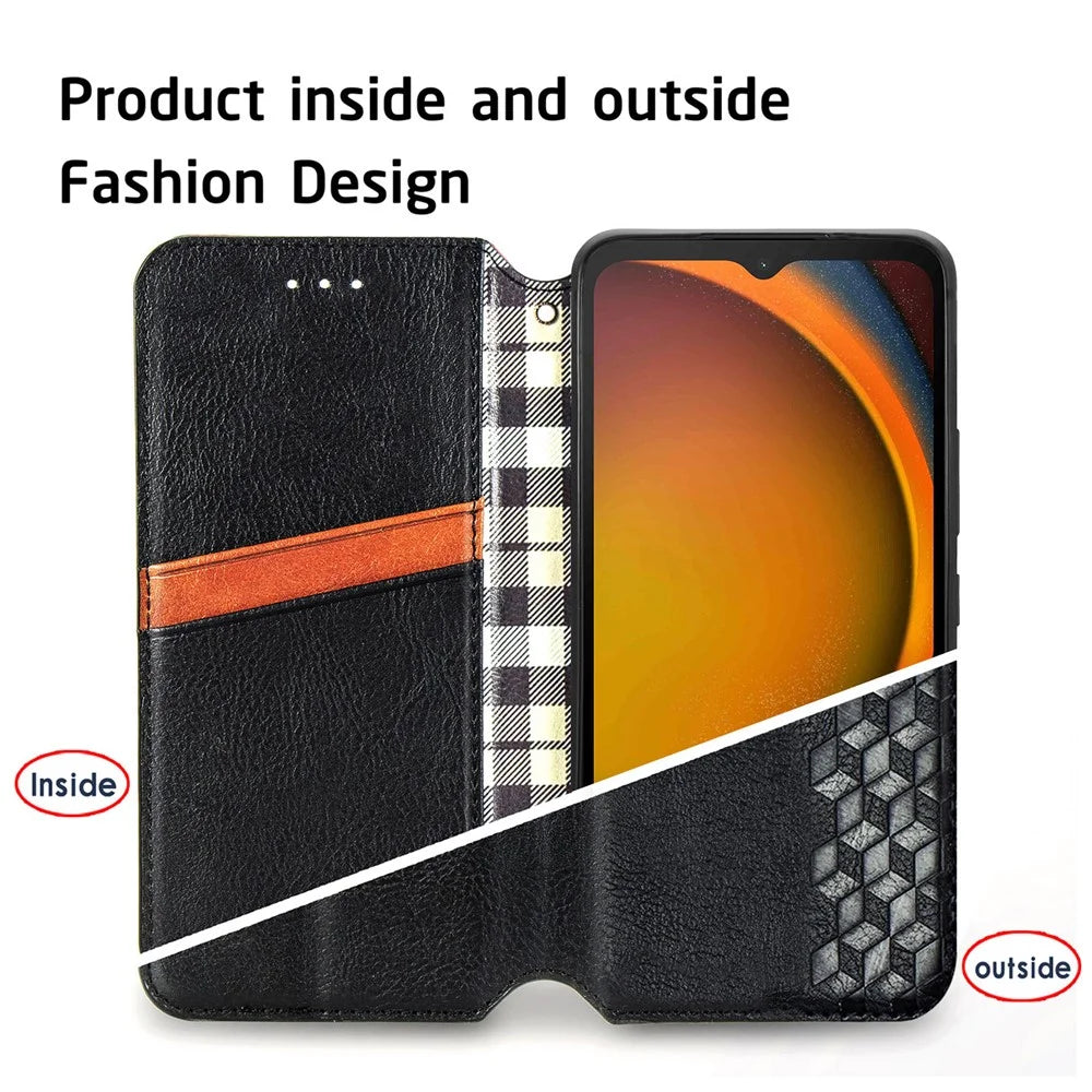 For Samsung Galaxy Xcover7 PU Leather Case Rhombus Imprint Wallet Stand Phone Cover - Black - 7
