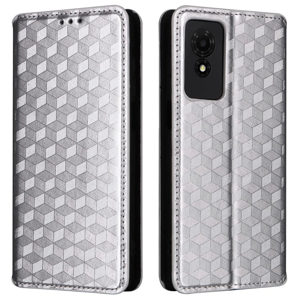 For TCL 501 T433D Case Rhombus Imprinted Phone Cover with Wallet Card Slots - Silver - 1