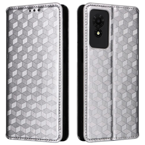For TCL 501 T433D Case Rhombus Imprinted Phone Cover with Wallet Card Slots - Silver - 1
