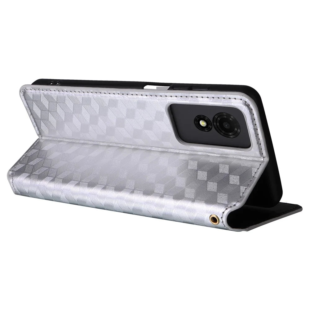 For TCL 501 T433D Case Rhombus Imprinted Phone Cover with Wallet Card Slots - Silver - 4