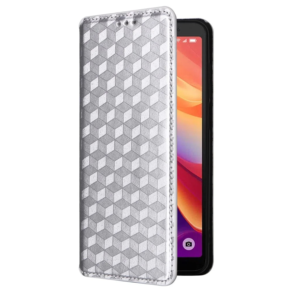 For TCL 501 T433D Case Rhombus Imprinted Phone Cover with Wallet Card Slots - Silver - 5
