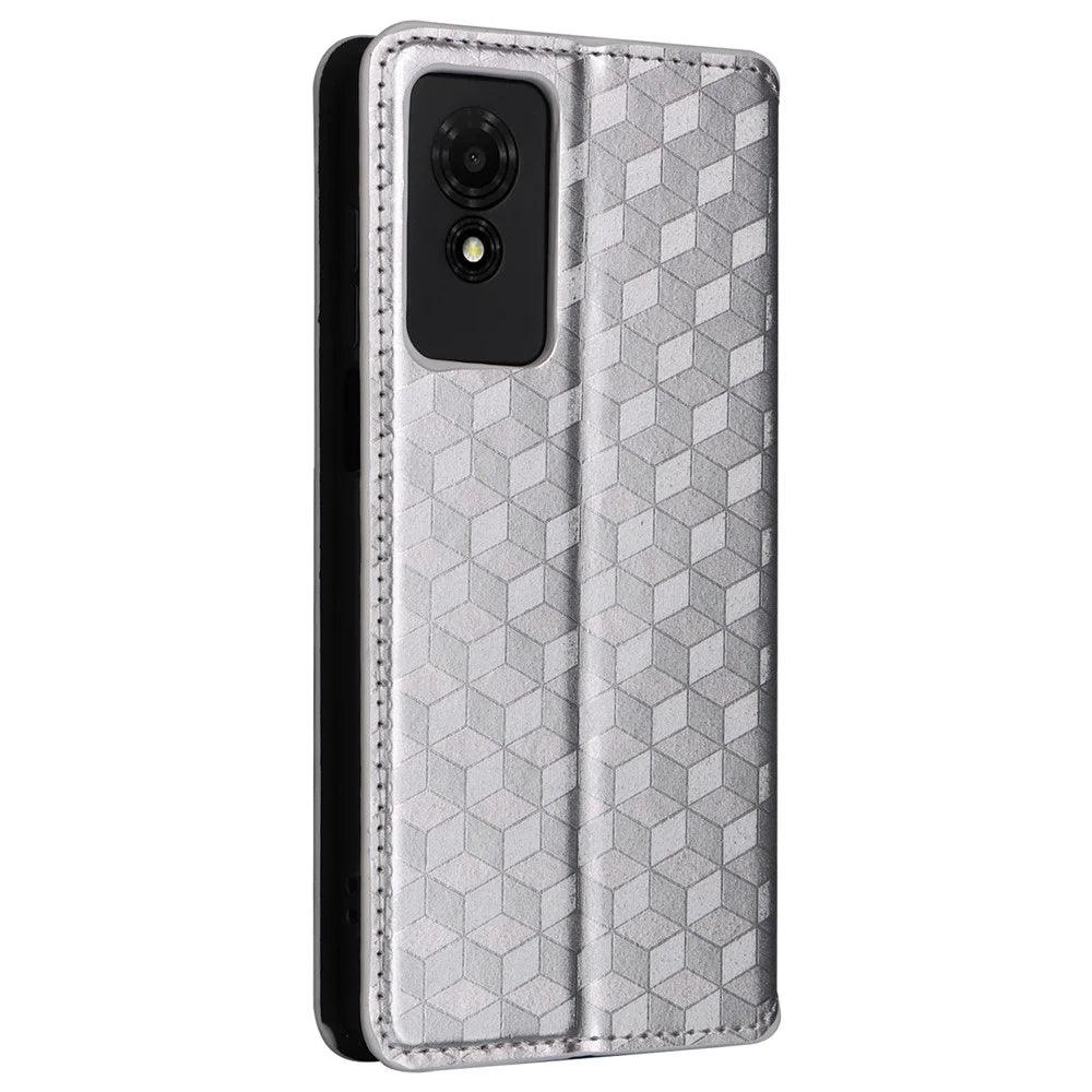 For TCL 501 T433D Case Rhombus Imprinted Phone Cover with Wallet Card Slots - Silver - 6