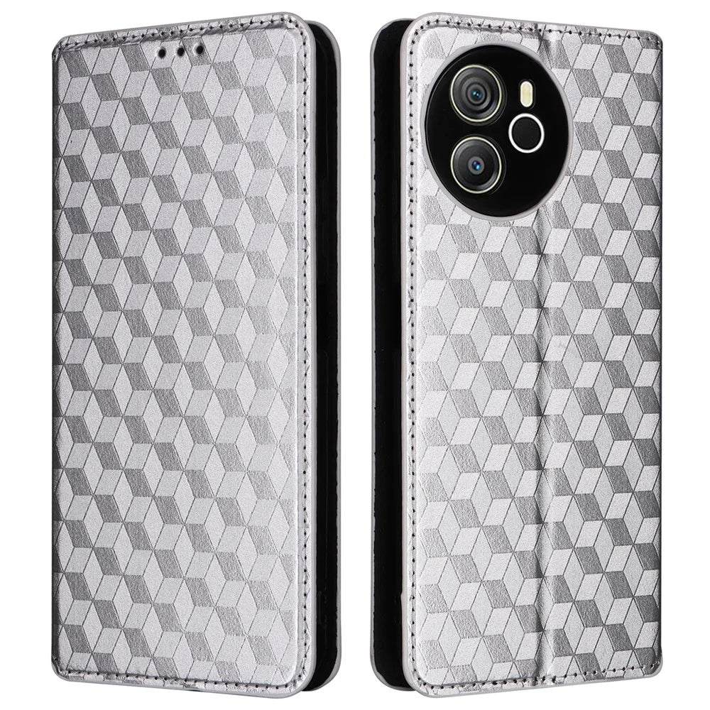 For Blackview Shark 8 / Oscal Tiger 12 Leather Case Rhombus Wallet Stand Flip Phone Cover - Silver - 1