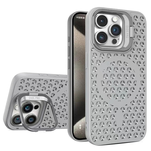 For iPhone 15 Pro Magnetic Case Lens Kickstand TPU+PC Heat Dissipation Phone Cover - Grey - 1