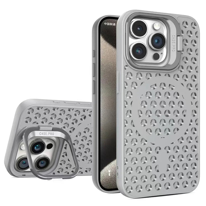 For iPhone 14 Pro Magnetic Case Anti-Drop Lens Kickstand TPU+PC Phone Cover - Grey - 1