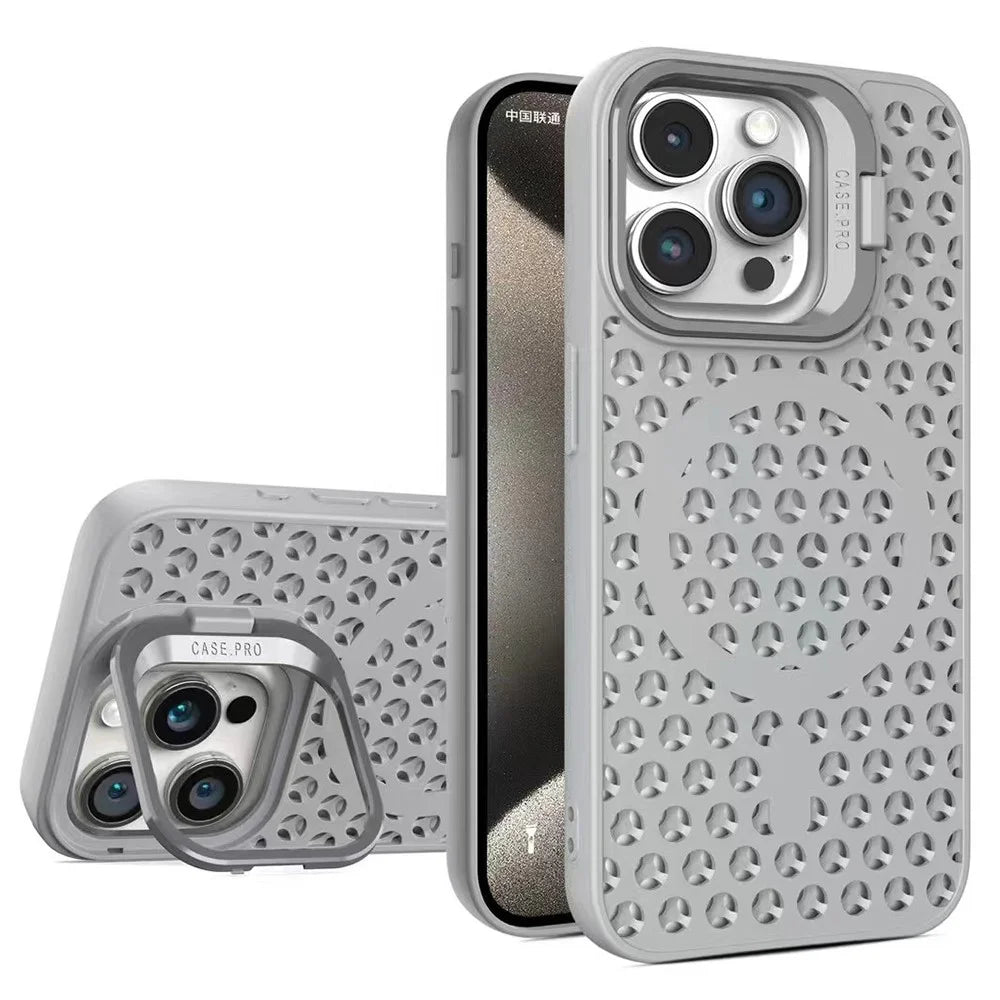 For iPhone 13 Pro 6.1 inch Magnetic Phone Case Breathable TPU+PC Cover with Foldable Lens Kickstand - Grey - 1