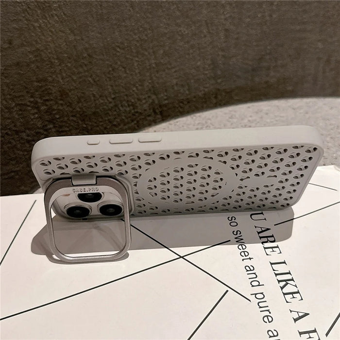 For iPhone 13 Pro Max Case Breathable Magnetic TPU+PC Phone Cover with Foldable Lens Kickstand - Grey - 4