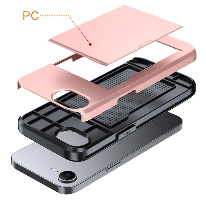 For iPhone 17e / 16e Case TPU + PC Dual Layer Armor Phone Cover with Sliding Card Slot - Rose Gold - 2