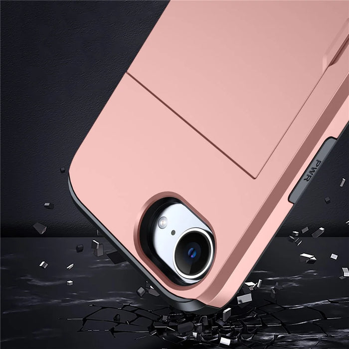 For iPhone 17e / 16e Case TPU + PC Dual Layer Armor Phone Cover with Sliding Card Slot - Rose Gold - 3