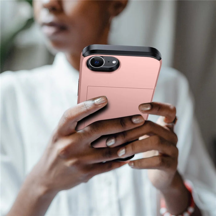 For iPhone 17e / 16e Case TPU + PC Dual Layer Armor Phone Cover with Sliding Card Slot - Rose Gold - 4